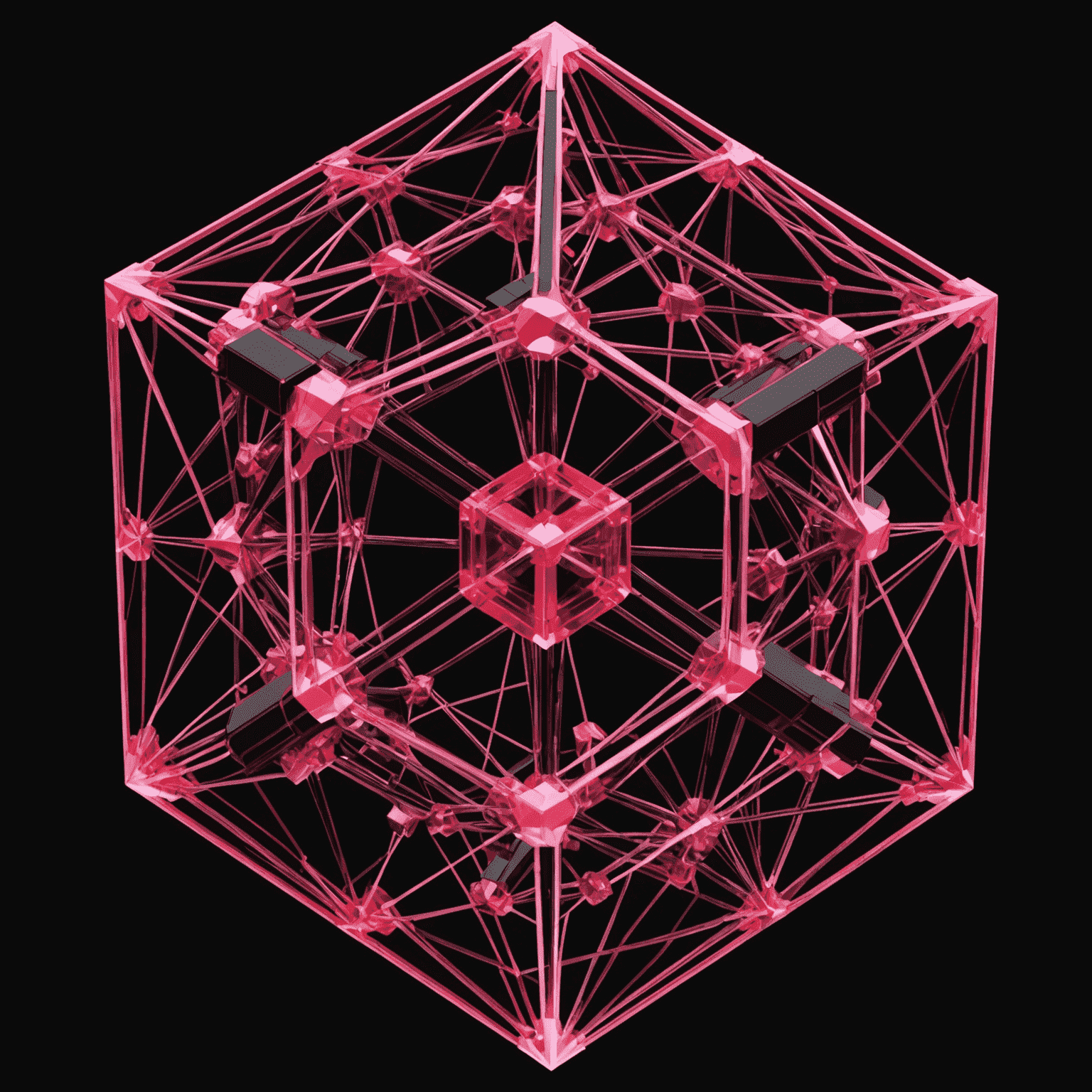A futuristic visualization of qubetics technology, showing interconnected quantum-like structures in red and pink hues against a black background