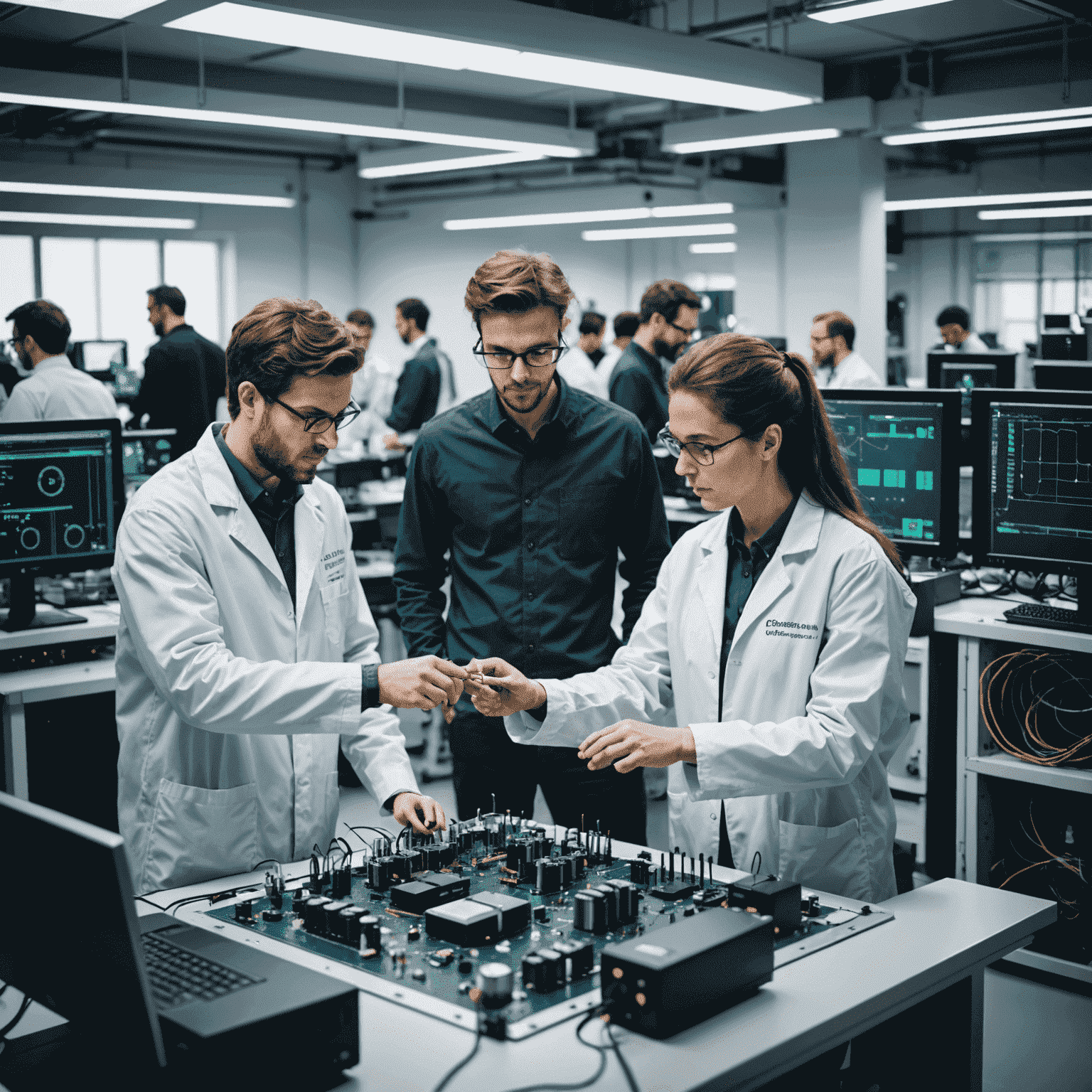 A team of Qubetis engineers working on integrating quantum hardware. The image shows professionals in a high-tech laboratory environment, surrounded by both quantum and classical computing equipment, collaborating on complex integration tasks.