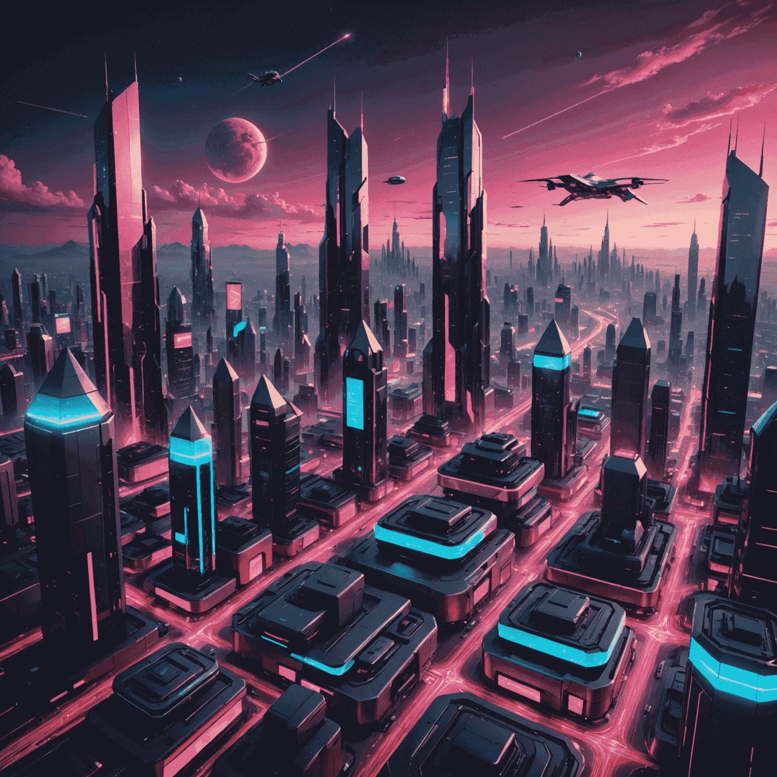 A futuristic cityscape powered by qubetics technology, with holographic displays and advanced transportation systems, all glowing with red and pink lights against a night sky